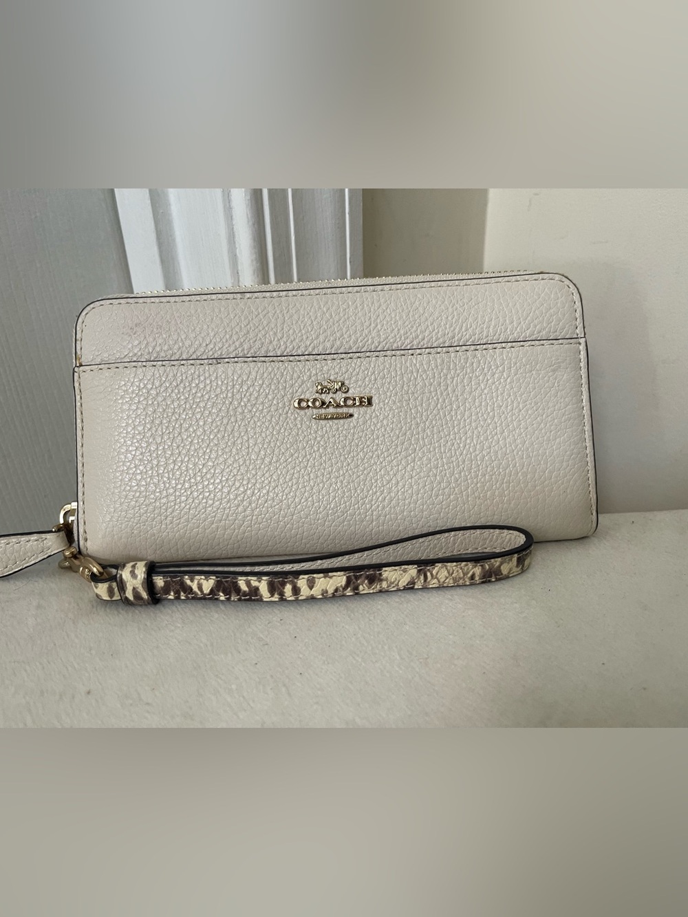 Coach Pebbled Leather Wristlet in Cream with Gold Logo